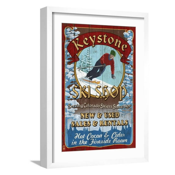 Art.com Keystone, Colorado - Ski Shop Vintage Sign Art Print by Lantern Press, White Frame Wall Art, 17" x 23"