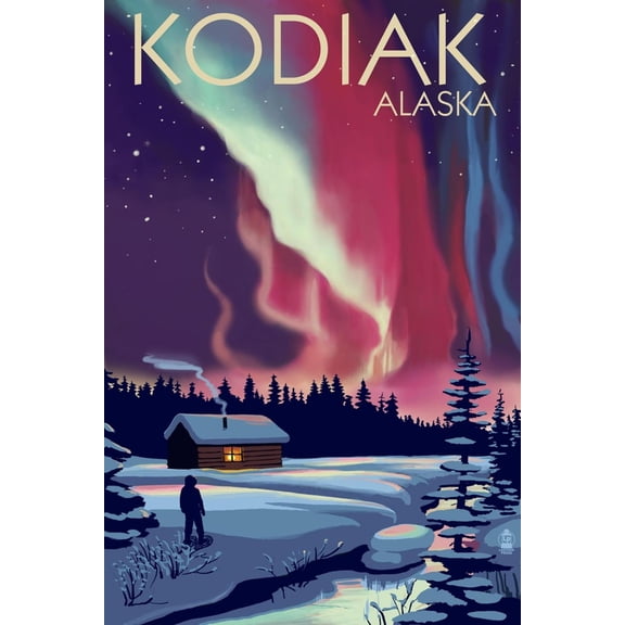 Art.com Kodiak, Alaska - Northern Lights and Cabin Art Print by Lantern Press, 12" x 18"