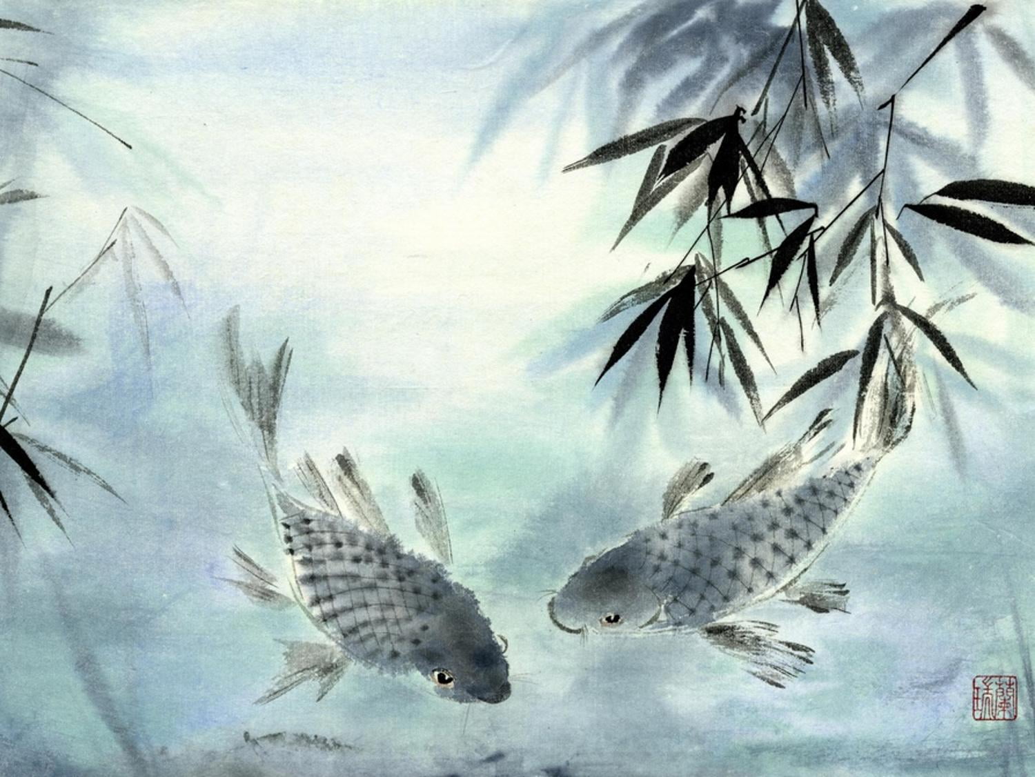 Turquoise and Gray Koi Fish Framed Canvas Art, 24" x 32"