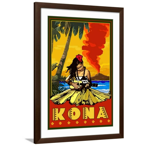Art.com Kona, Hawaii - Hula Girl and Ukulele Art Print by Lantern Press, Brown Frame Wall Art, 32" x 44"