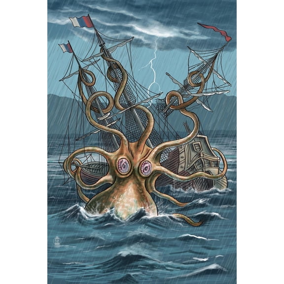 Art.com Kraken Attacking Ship Art Print by Lantern Press, 12" x 18"