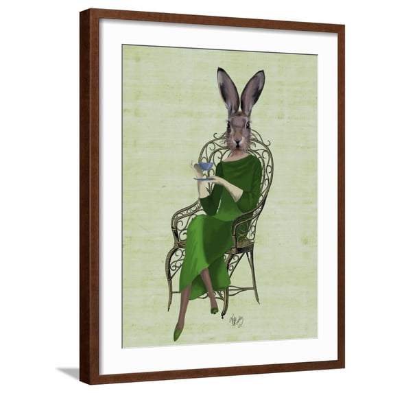 Art.com Lady Bella Rabbit Taking Tea Art Print by Fab Funky, Brown Frame Wall Art, 23" x 29"