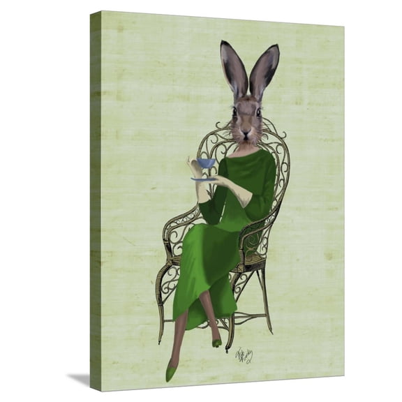 Art.com Lady Bella Rabbit Taking Tea Stretched Canvas Print Wall Art by Fab Funky, 18" x 24"