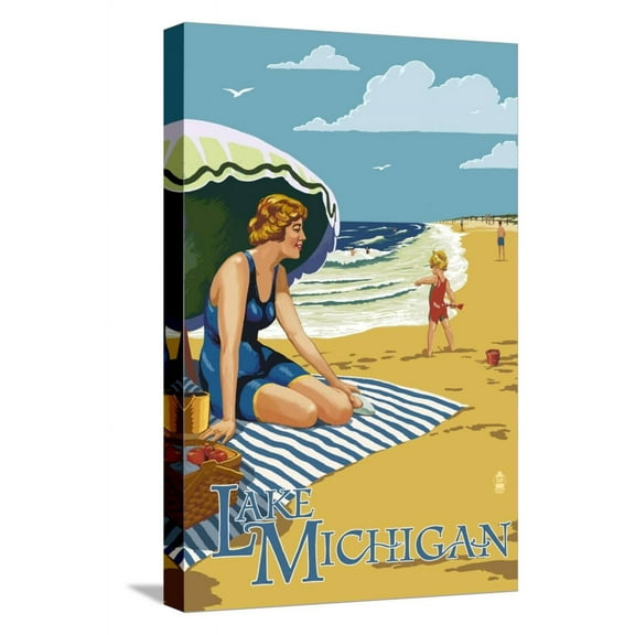 Art.com Lake Michigan - Beach Scene Stretched Canvas Print Wall Art by Lantern Press, 12" x 18"