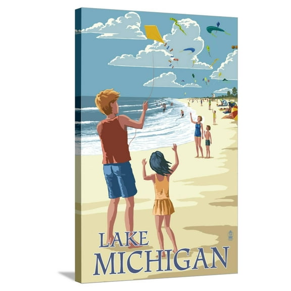 Art.com Lake Michigan - Children Flying Kites Stretched Canvas Print Wall Art by Lantern Press, 24" x 36"