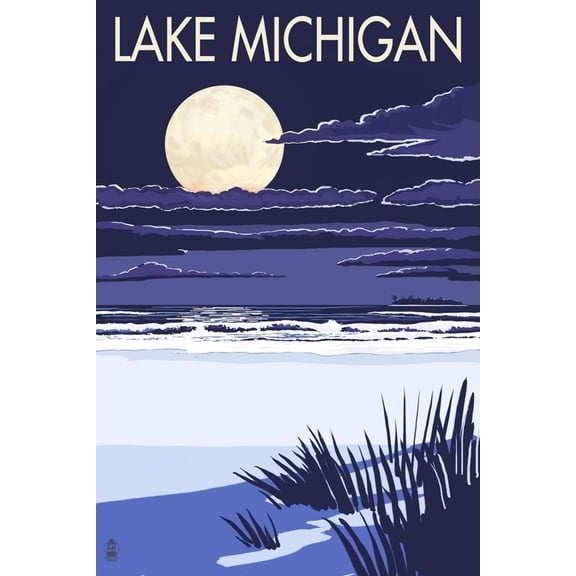 Art.com Lake Michigan - Full Moon Night Scene Art Print by Lantern Press, 12" x 18"