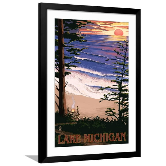Art.com Lake Michigan - Sunset on Beach Art Print by Lantern Press, Black Frame Wall Art, 32" x 44"