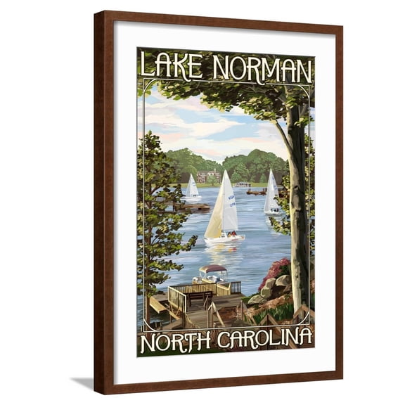 Art.com Lake Norman, North Carolina - Lake View with Sailboats Art Print by Lantern Press, Brown Frame Wall Art, 21" x 29"