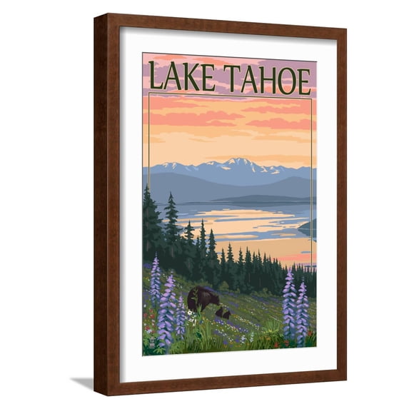 Art.com Lake Tahoe - Bear Family and Spring Flowers Premium Giclee Print by Lantern Press, Brown Frame Wall Art, 17" x 23"