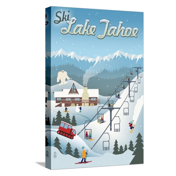 Art.com Lake Tahoe, California - Retro Ski Resort Stretched Canvas Print Wall Art by Lantern Press, 12" x 18"