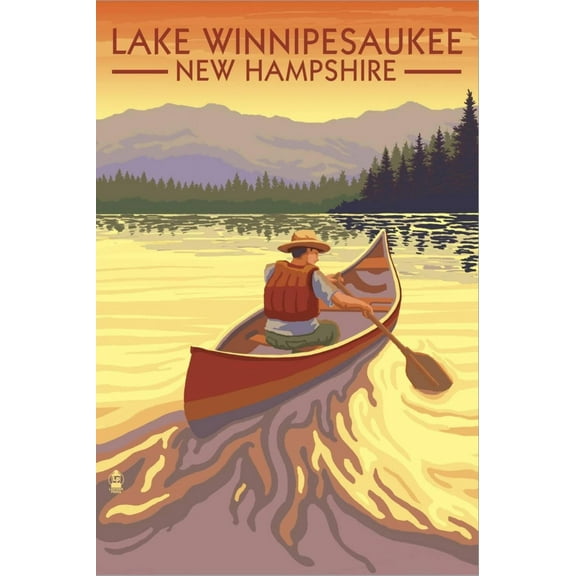 Art.com Lake Winnipesaukee, New Hampshire - Canoe Sunset Stretched Canvas Print Wall Art by Lantern Press, 12" x 18"