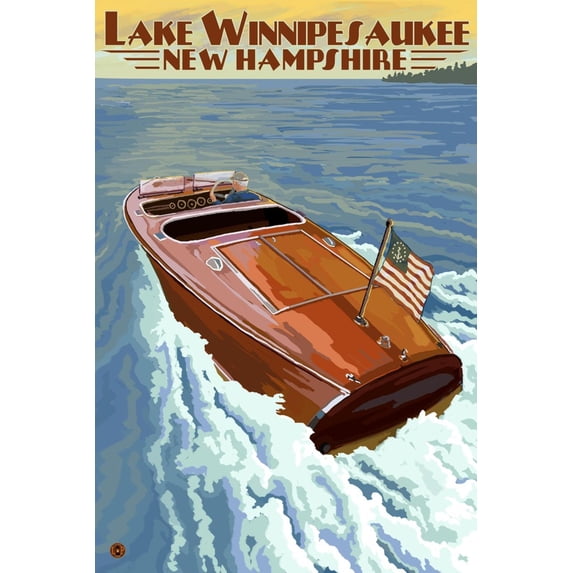 Art.com Lake Winnipesaukee, New Hampshire - Chris Craft Boat Art Print by Lantern Press, 12" x 18"