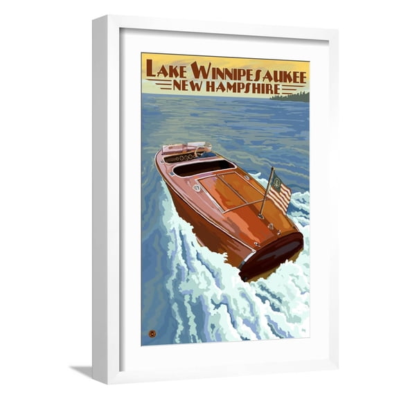 Art.com Lake Winnipesaukee, New Hampshire - Chris Craft Boat Art Print by Lantern Press, White Frame Wall Art, 17" x 23"