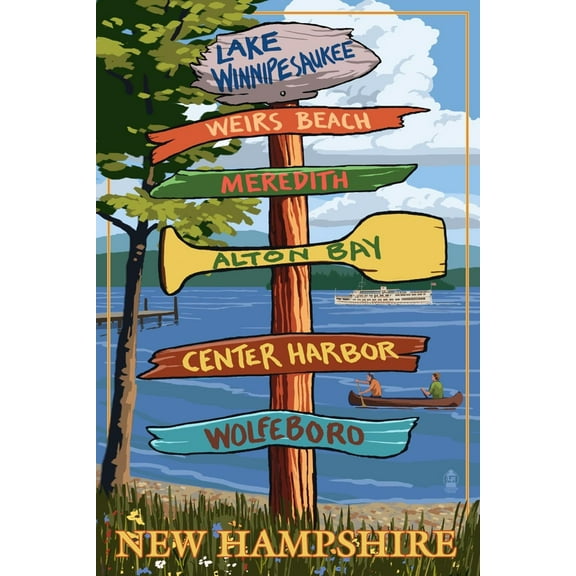 Art.com Lake Winnipesaukee, New Hampshire - Signpost Destinations Art Print by Lantern Press, 12" x 18"