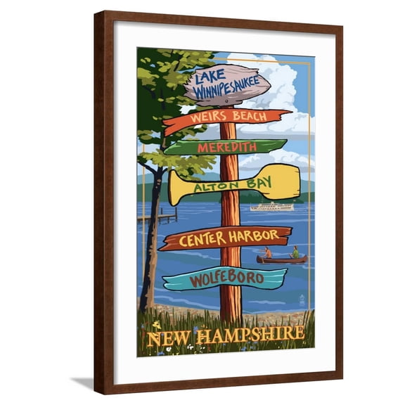 Art.com Lake Winnipesaukee, New Hampshire - Signpost Destinations Art Print by Lantern Press, Brown Frame Wall Art, 21" x 29"