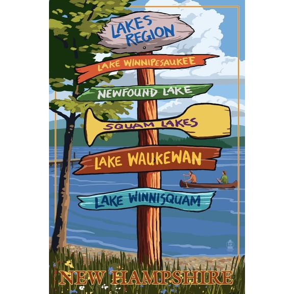Art.com Lakes Region, New Hampshire - Destination Sign Art Print by Lantern Press, 16" x 24"