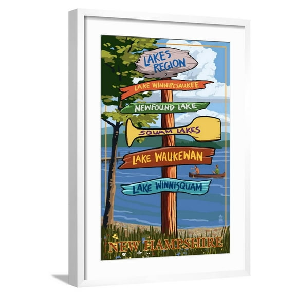 Art.com Lakes Region, New Hampshire - Destination Sign Art Print by Lantern Press, White Frame Wall Art, 21" x 29"