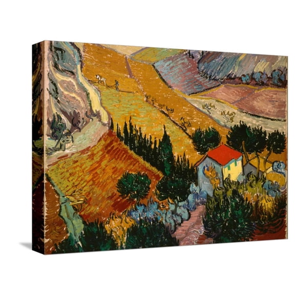 Art.com Landscape with House and Ploughman, 1889 Stretched Canvas Print Wall Art by Vincent van Gogh, 16" x 12"