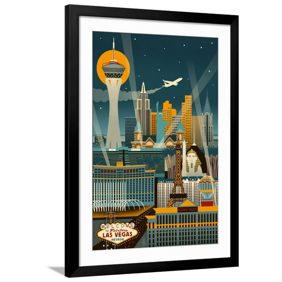 Art.com Las Vegas, Nevada - Retro Skyline (no text) Art Print by Lantern Press, Black Frame Wall Art, 32" x 44"