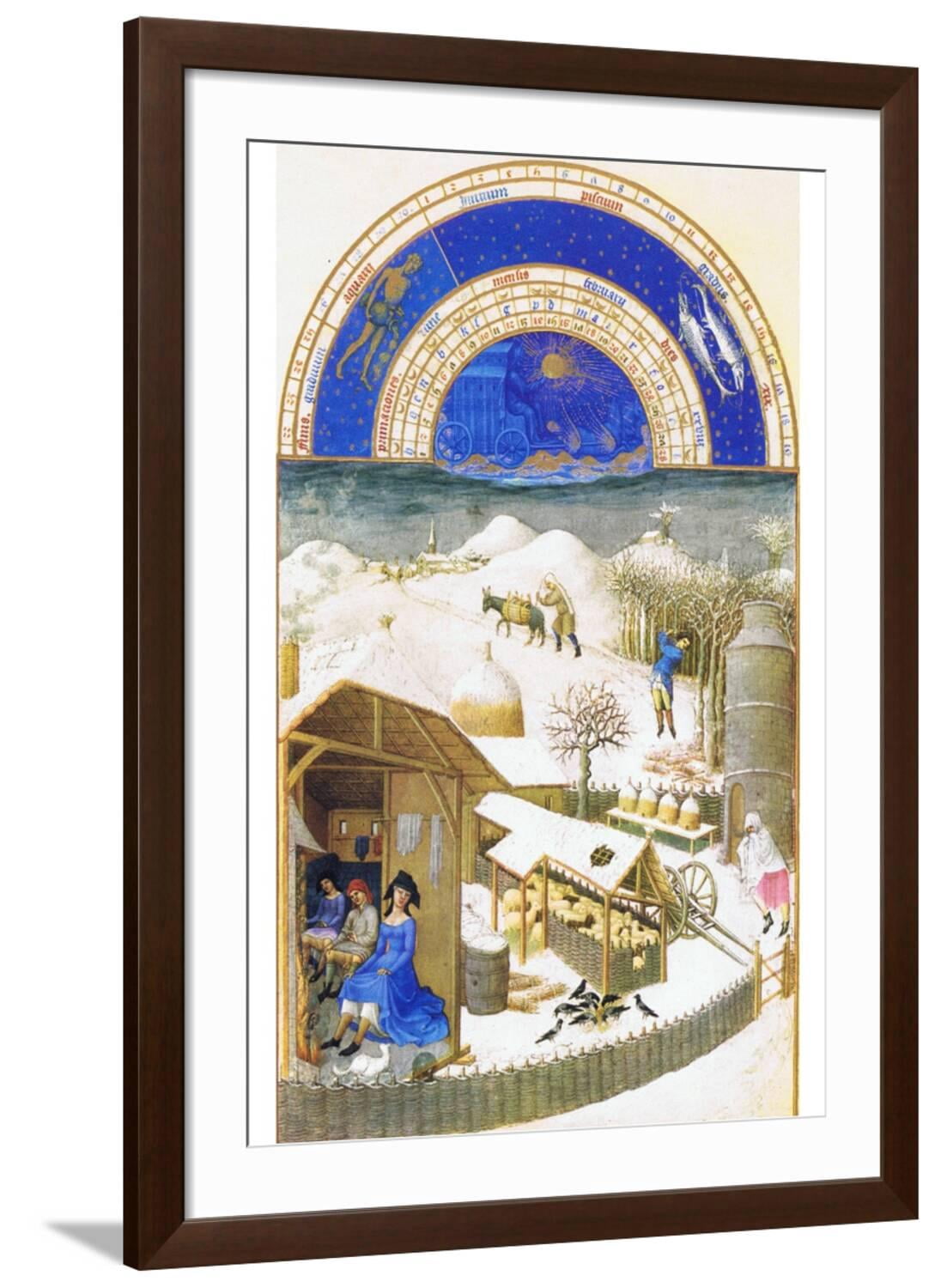Art.com Le Tres Riches Heures Du Duc De Berry - February Art Print by Paul Herman & Jean Limbourg, Brown Frame Wall Art, 32" x 44"