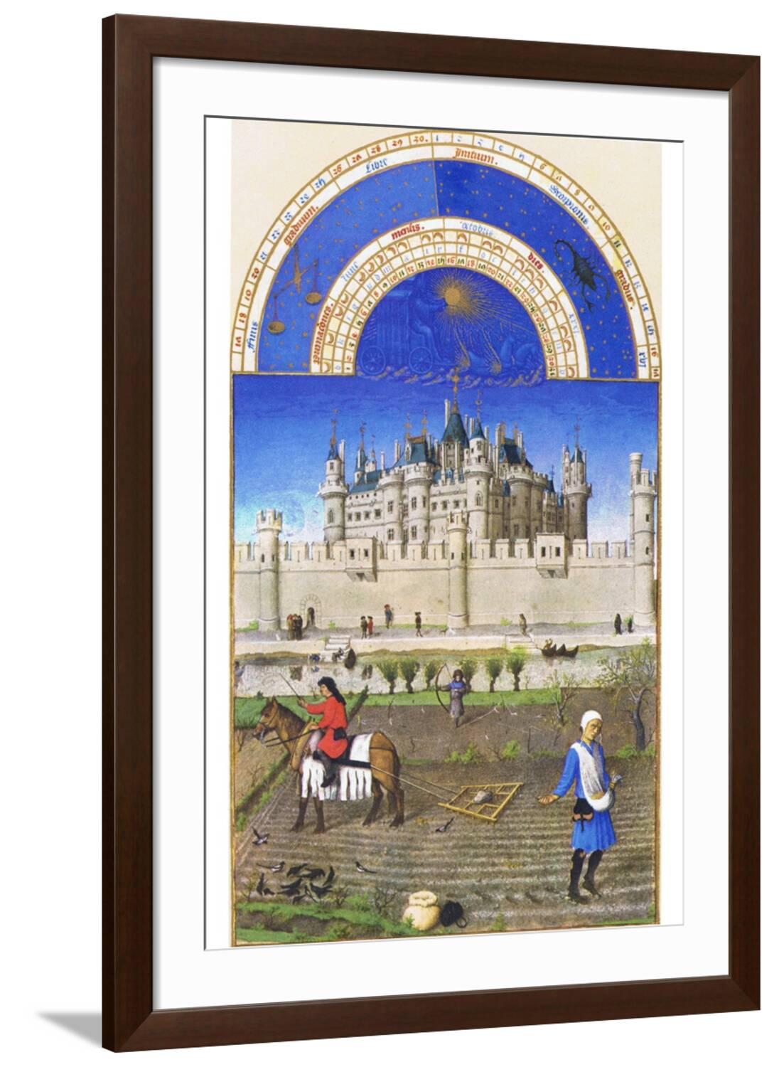 Art.com Le Tres Riches Heures Du Duc De Berry - October Art Print by Paul Herman & Jean Limbourg, Brown Frame Wall Art, 32" x 44"