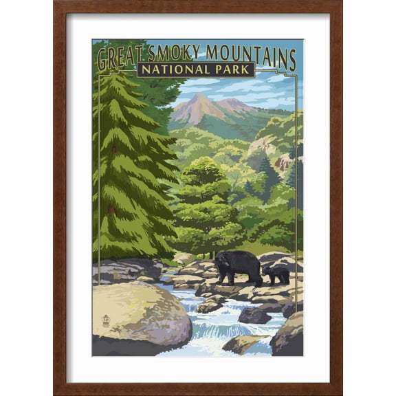 Art.com Leconte Creek and Bear Family - Great Smoky Mountains National Park, TN Premium Giclee Print by Lantern Press, Brown Frame Wall Art, 17" x 23"