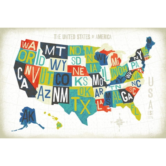 Art.com Letterpress USA Map Art Print by Michael Mullan, 18" x 12"