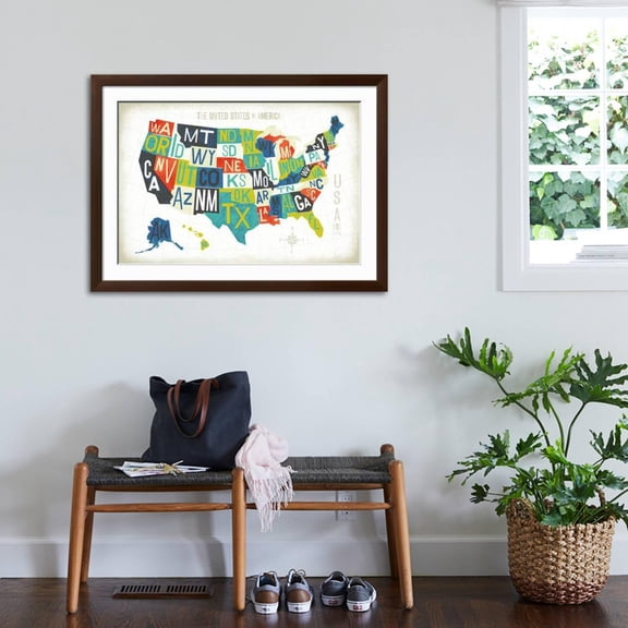 Art.com Letterpress USA Map Art Print by Michael Mullan, Brown Frame Wall Art, 44" x 32"