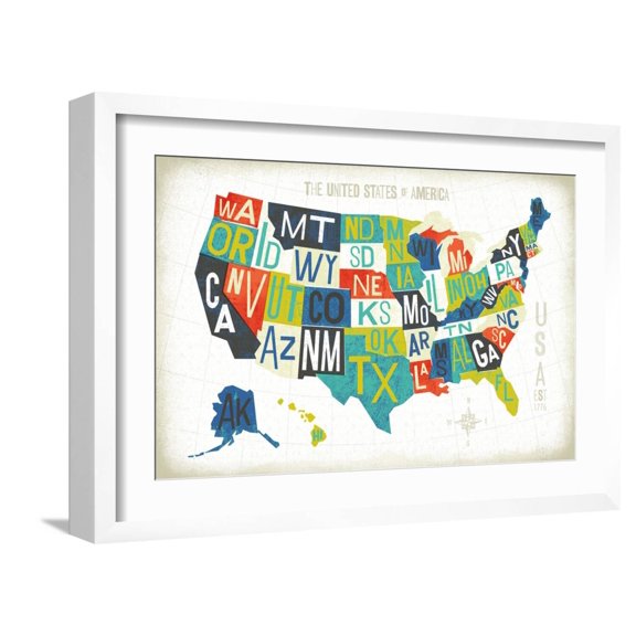 Art.com Letterpress USA Map Art Print by Michael Mullan, White Frame Wall Art, 23" x 17"