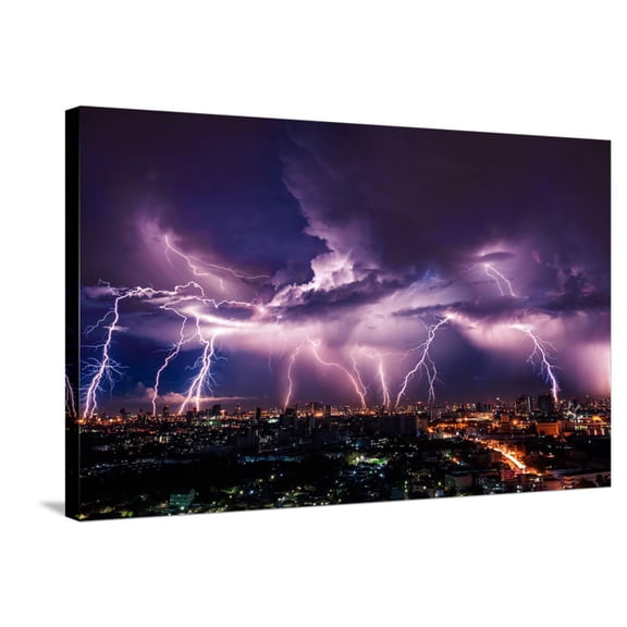 Art.com Lightning Storm over City in Purple Light Stretched Canvas Print Wall Art by Vasin Lee, 36" x 24"