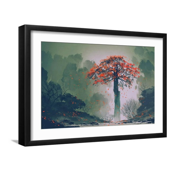 Art.com Lonely Red Autumn Tree with falling Leaves in Winter Forest,Landscape Painting Art Print by Tithi Luadthong, Black Frame Wall Art, 23" x 17"