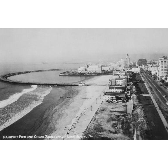 Art.com Long Beach, California Rainbow Pier and Ocean Blvd. Photograph - Long Beach, CA Art Print by Lantern Press, 18" x 12"