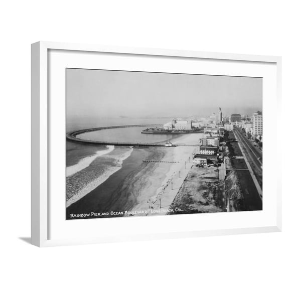 Art.com Long Beach, California Rainbow Pier and Ocean Blvd. Photograph - Long Beach, CA Art Print by Lantern Press, White Frame Wall Art, 29" x 21"