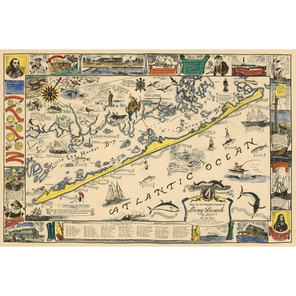 Art.com Long Beach Island, New Jersey - Vintage Map - Artwork Art Print by Lantern Press, 18" x 12"