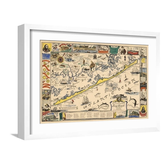 Art.com Long Beach Island, New Jersey - Vintage Map - Artwork Art Print by Lantern Press, White Frame Wall Art, 23" x 17"