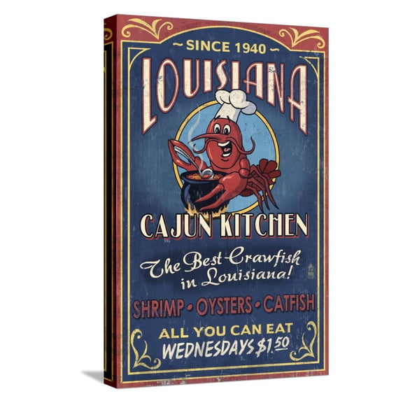 Art.com Louisiana - Cajun Kitchen Crawfish Vintage Sign Stretched Canvas Print Wall Art by Lantern Press, 12" x 18"