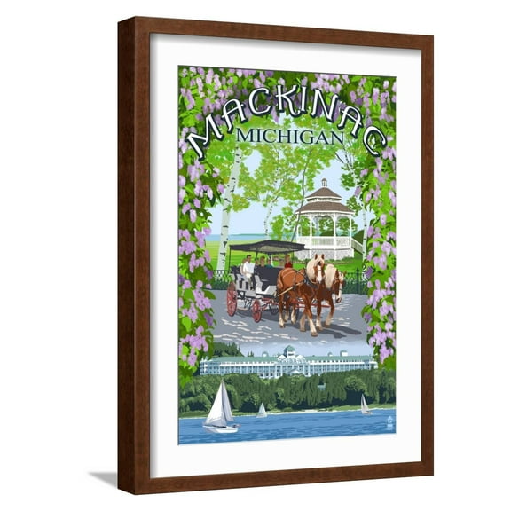 Art.com Mackinac, Michigan - Montage Scenes Art Print by Lantern Press, Brown Frame Wall Art, 17" x 23"