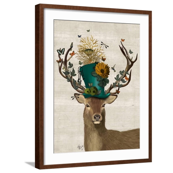 Art.com Mad Hatter Deer Art Print by Fab Funky, Brown Frame Wall Art, 23" x 29"