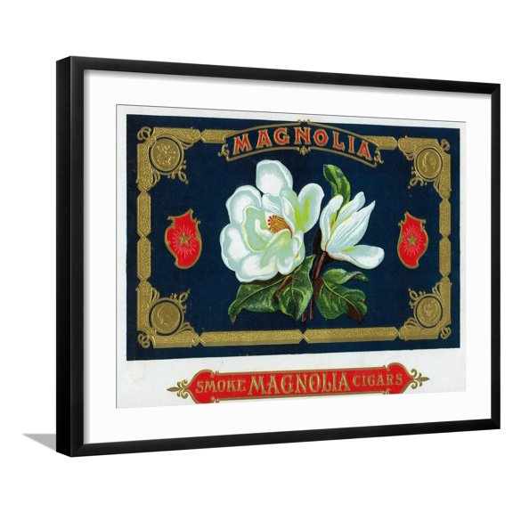 Art.com Magnolia Brand Cigar Box Label Art Print by Lantern Press, Black Frame Wall Art, 29" x 23"