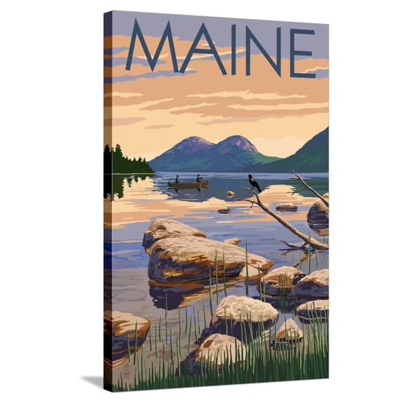 Art.com Maine - Lake Scene and Canoe Stretched Canvas Print Wall Art by Lantern Press, 24" x 36"