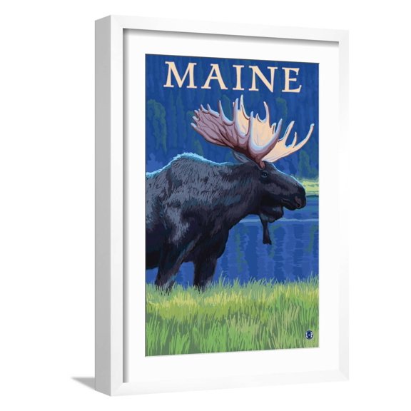 Art.com Maine - Moose in the Moonlight Art Print by Lantern Press, White Frame Wall Art, 17" x 23"