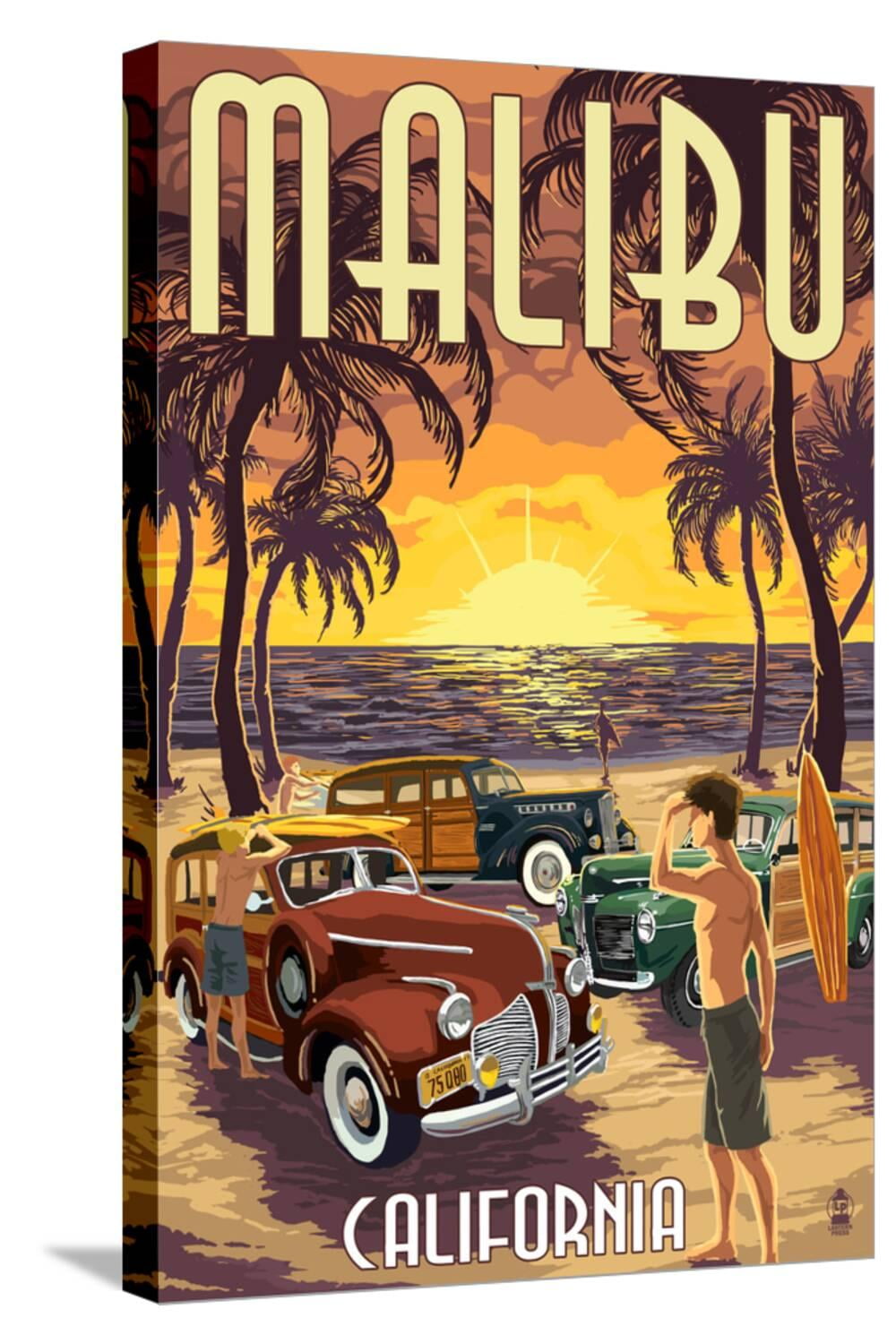 Malibu, California Woodies on the Beach Stretched Canvas