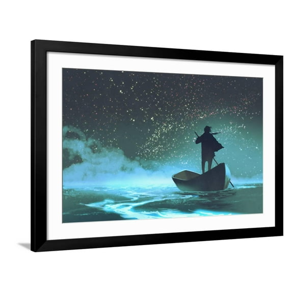 Art.com Man Rowing a Boat in the Sea under Beautiful Sky with Stars,Illustration Painting Art Print by Tithi Luadthong, Black Frame Wall Art, 44" x 32"