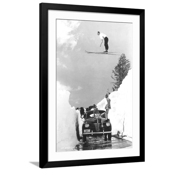 Art.com Man Ski-Jumping over Road Art Print, Black Frame Wall Art, 32" x 44"