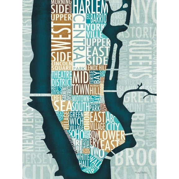 Art.com Manhattan Map Blue Brown Art Print by Michael Mullan, 18" x 24"
