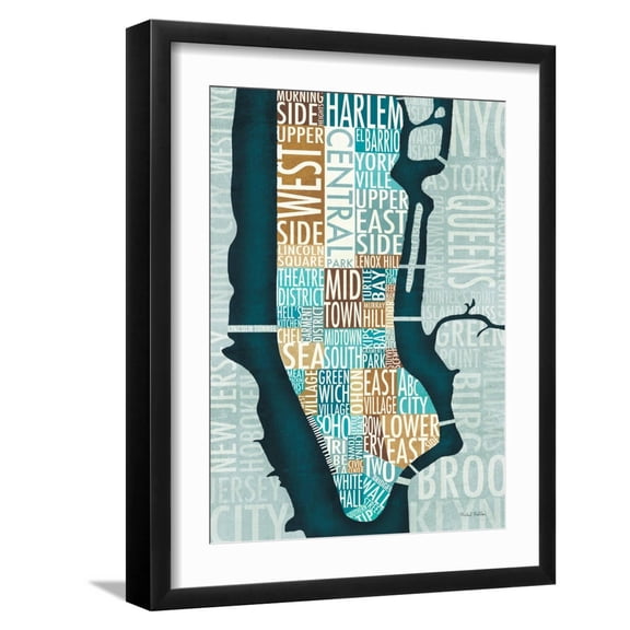Art.com Manhattan Map Blue Brown Art Print by Michael Mullan, Black Frame Wall Art, 17" x 21"