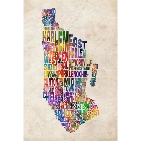 Art.com Manhattan New York Text Map Art Print by Michael Tompsett, 12" x 18"