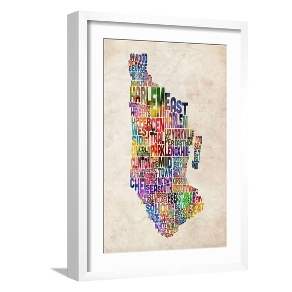 Art.com Manhattan New York Text Map Art Print by Michael Tompsett, White Frame Wall Art, 17" x 23"