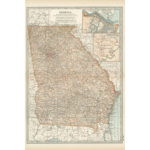 Art.com Map of Georgia. United States. Inset Maps of Savannah and Vicinity, Chickamauga National Park Art Print by Encyclopaedia Britannica, 12" x 18"