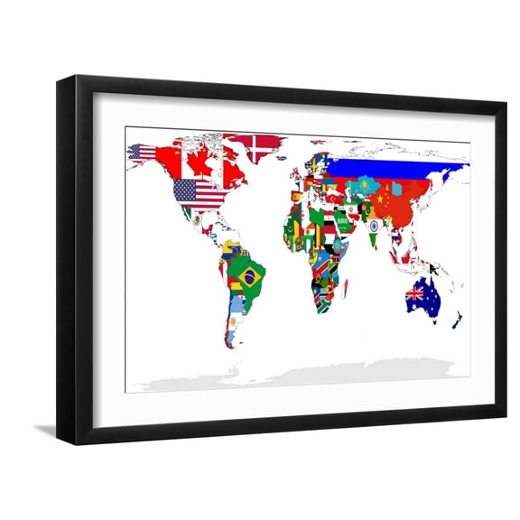Art.com Map Of World With Flags In Relevant Countries, Isolated On White Background Art Print by Speedfighter, Black Frame Wall Art, 23" x 17"